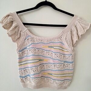 NWT Zara‎ Striped Open Knit Ruffle Crop Top Sz M Pastel Boho Crochet Cottagecore